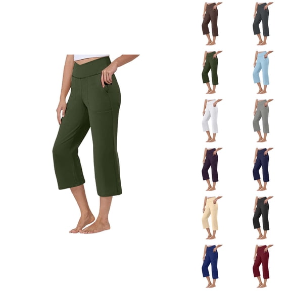 Capri Pants for Women Summer Casual Elastic High Waist Slightly Flared Cropped Yoga Pants with Pockets