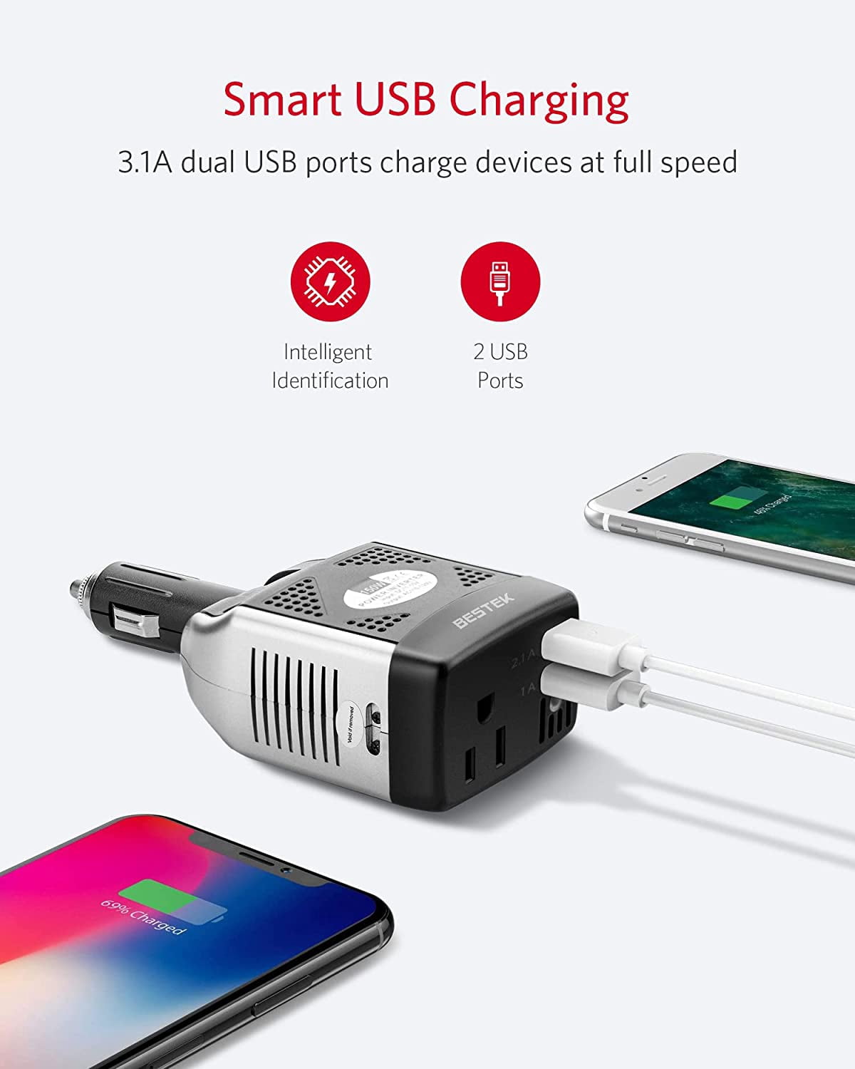 BESTEK 150W Power Inverter 12V to 110V Voltage Converter Car Charger Power Adapter with 2 USB Charging Ports (3.1A Shared),Gray