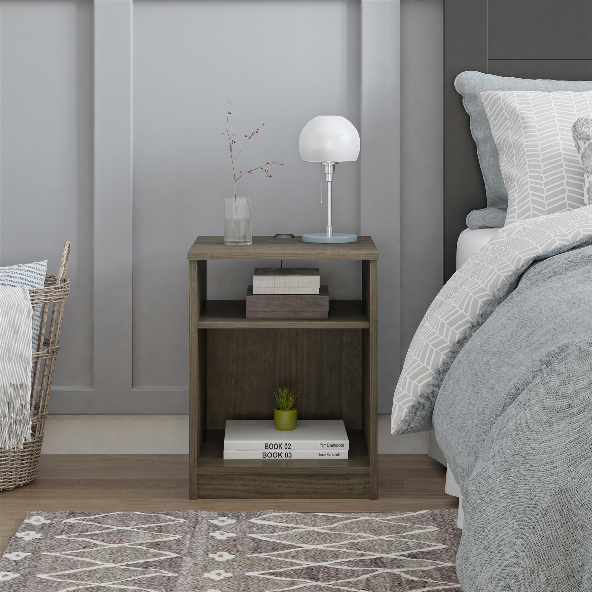 Mainstays Classic Open Shelf Nightstand with USB Charging Ports, Walnut