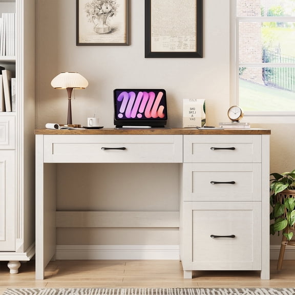 47" Farmhouse Wood Executive Desk with 4 Drawers, Home Office Computer Desk for Work/Study/Writing