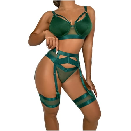 

RQYYD Sexy Lingerie Set for Women with Underwire Strappy Lingerie Push Up 3 Piece Lingerie Set with Garter on Clearance (Green XL)