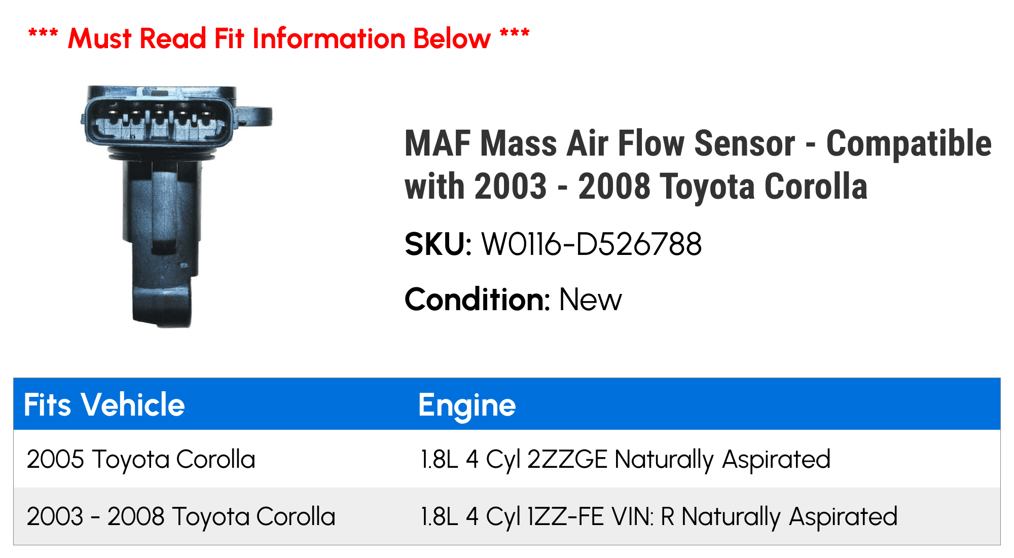MAF Mass Air Flow Sensor - Compatible with 2003 - 2008 Toyota Corolla 2004 2005 2006 2007