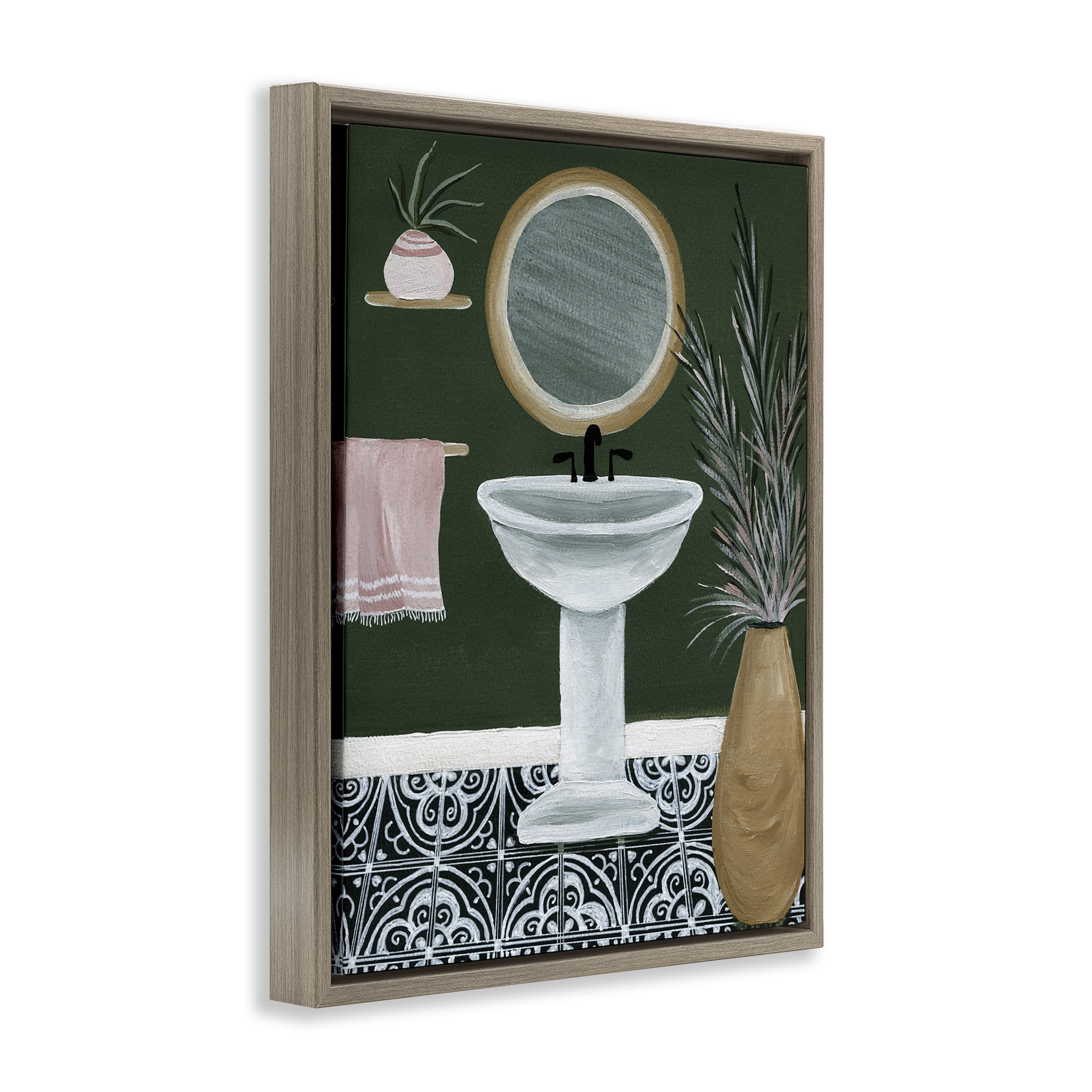Stupell Industries Chic Green Bathroom Typography Painting Brown Floater Framed Canvas Art Print Wall Art, 17 x 21