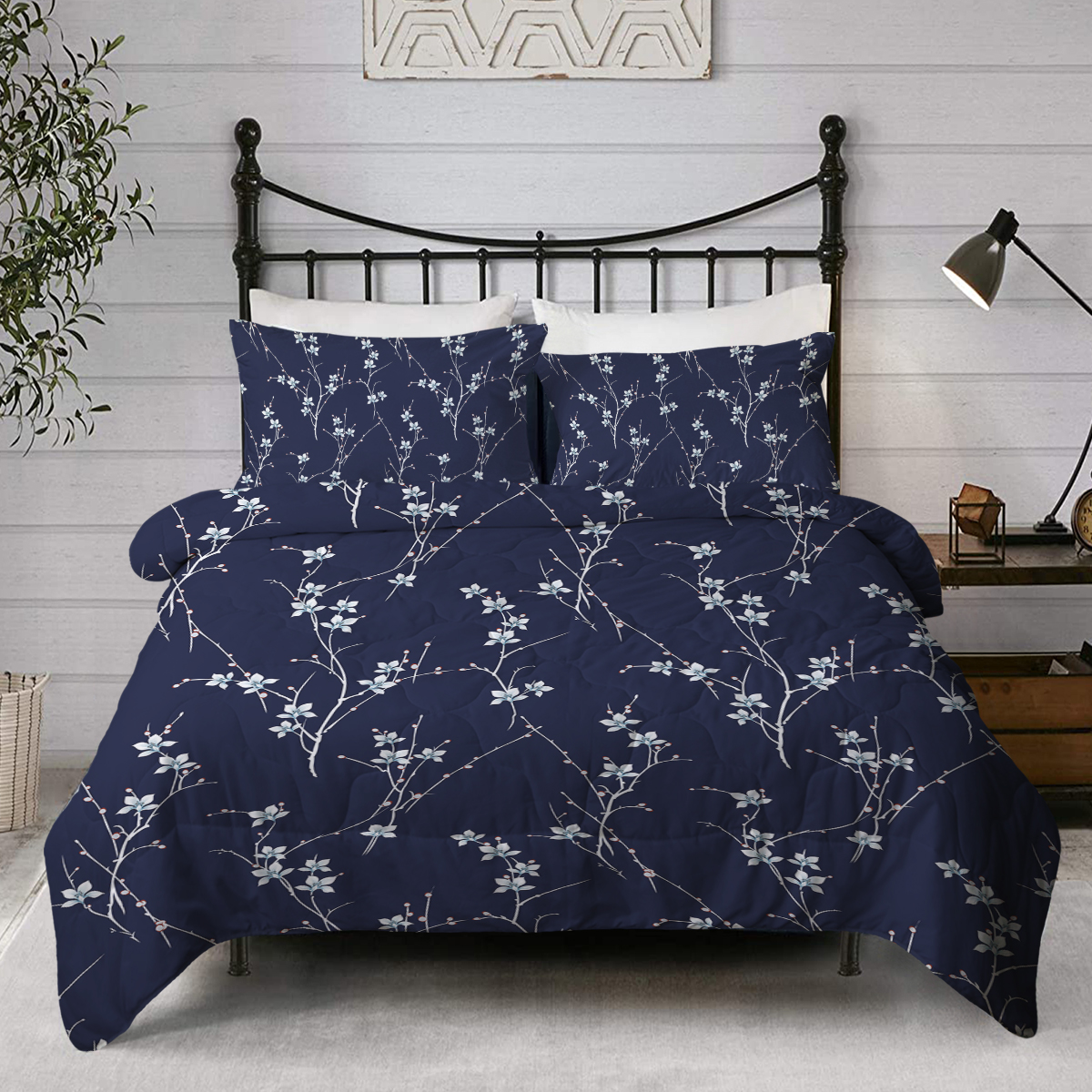 BlessLiving Blue Floral Comforter Set Full, Microfiber Comforter