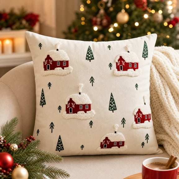 Aonerit 20 X 12 Inch Christmas Embroidered Pillow Cover, Hidden Zipper Cushion Case, Winter Sofa Couch Decor, Holiday Throw Pillow Sham, Home Seasonal Accent