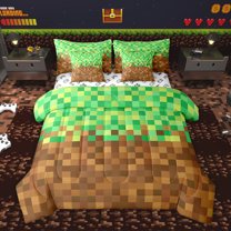 Homewish Square Checkered Kids Bedding Comforter Set 7pcs, Cartoon Building Gamers Queen Bedding Sets, Brown Green Block Patchwork Reversible Queen Sheet Sets, Luxury Bedroom Decor