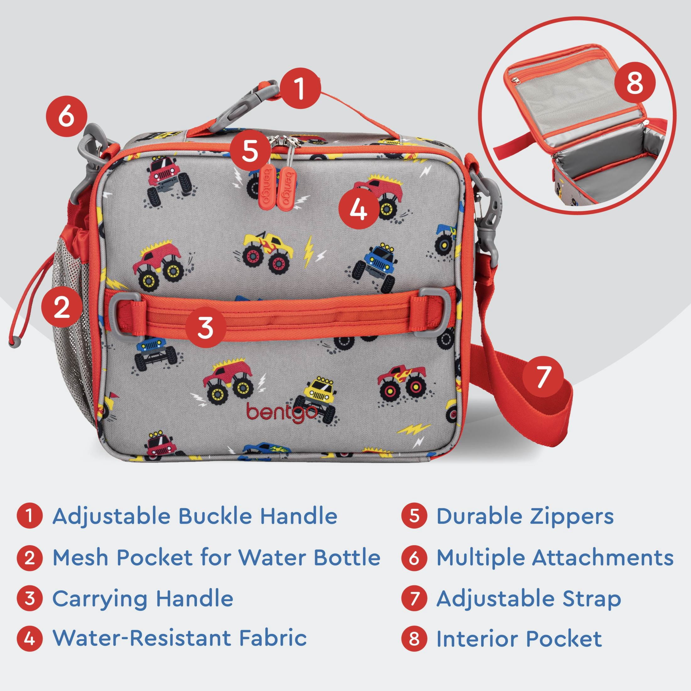 Bentgo Kids Lunch Bag - Double-Insulated, Reusable Lunch Bag for Kids 3+ with Adjustable Strap; Holds Lunch Box/Water Bottle/Snacks; Easy-Clean, Water-Resistant & Pockets (Trucks)