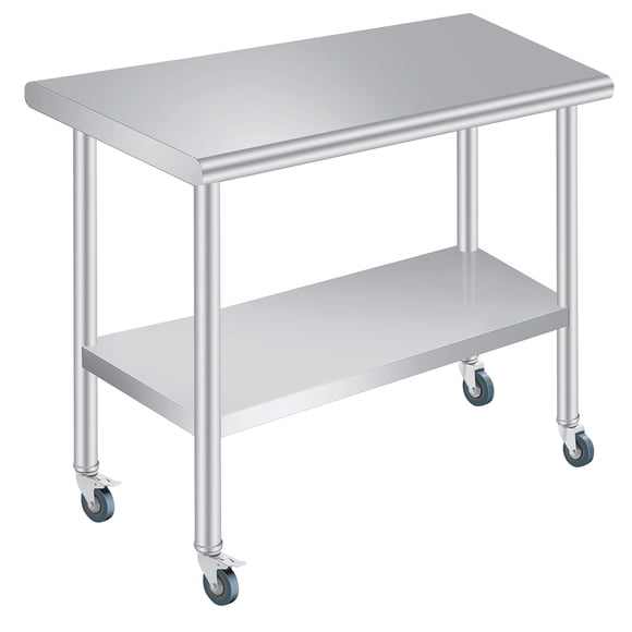 Stainless Steel Prep Table, 30 x 60Inches, with Rounded-Corner, Adjustable Undershelf and 4 Caster Wheels, Commercial Heavy Duty Table with Adjustable Under Shelf for Outdoor Use,Restaur