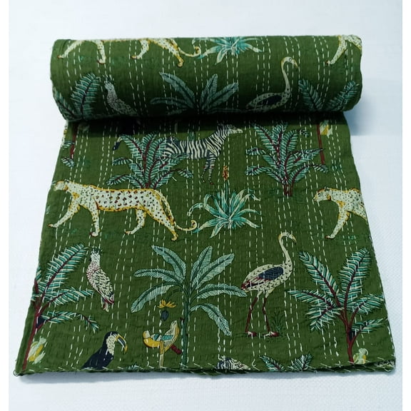 Vinsan International Indian Handmade Cotton Kantha Quilt Tribal Bed Cover Bedspread Blanket Picnic Throw Coverlet Reverisble Bed Throw Queen Size 90" x 108"