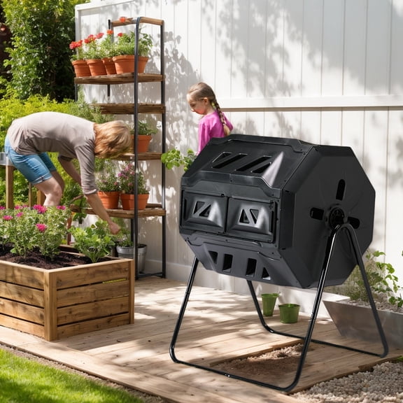 42 Gallon Dual Chamber Compost Tumbler, Black Outdoor Tumbling Batch Composter