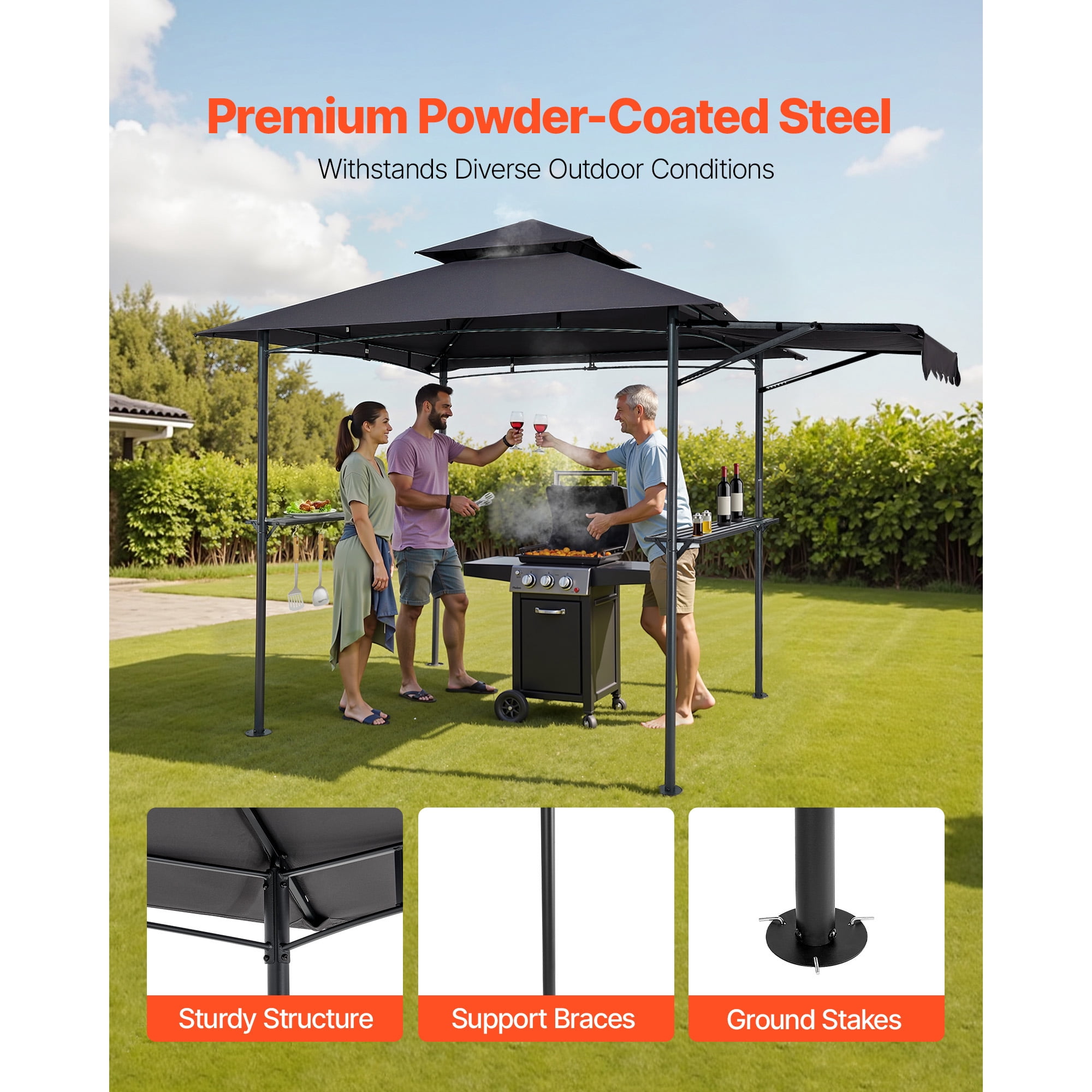 KFFKFF 8 x 5 ft Grill Gazebo with Double-Tier Roof, BBQ Shelter with Awning, Steel Frame, Side Shelves, Bottle Opener & Hooks, Outdoor Canopy for Patio or Garden