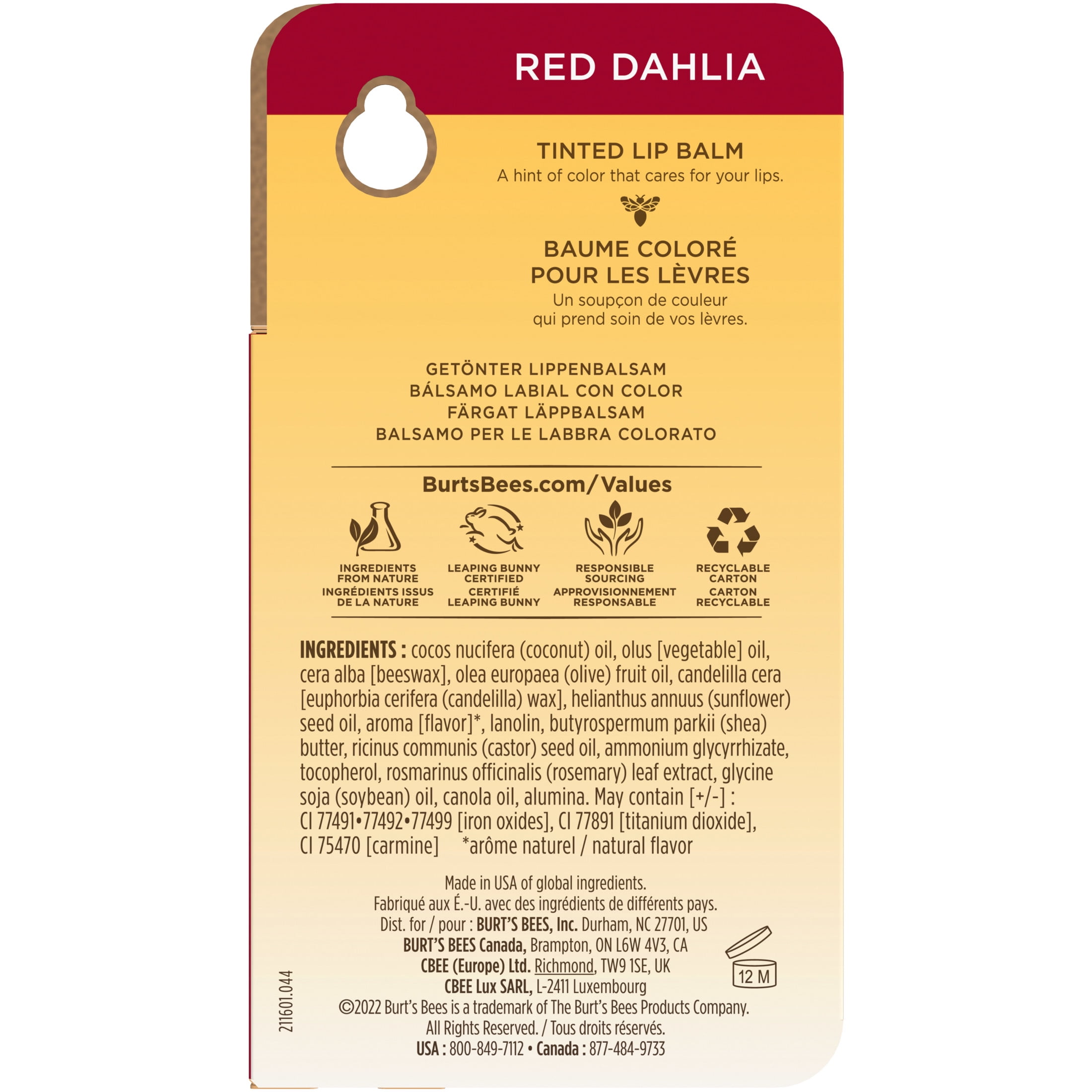 (2 pack) Burt's Bees Red Dahlia Tinted Lip Balm, Natural Origin Lip Care, 1 Tube, 0.15 oz.