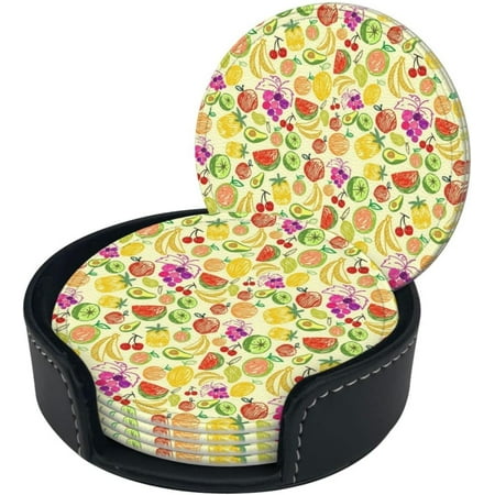 

Round Coaster Set of 6 with Holder Watermelon-Cherry-Pineapple-Fruit-Doodle Leather Coasters for Drinks