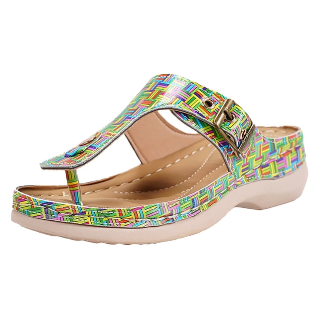 IUJSOY Wedge Sandals Slides for Women Retro Metal Buckle Open Toe Arch Support Summer Sandals