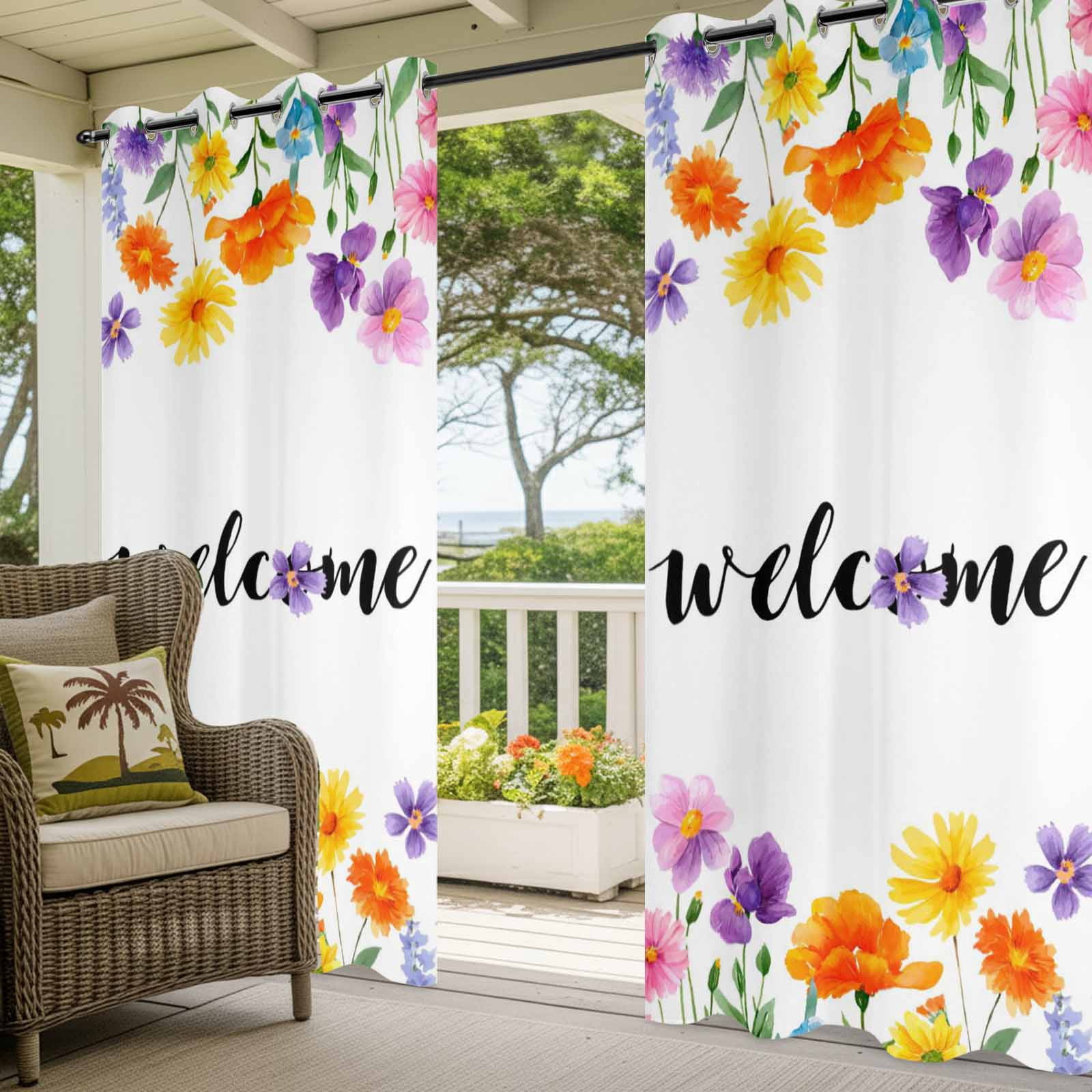 Farmhouse Outdoor Curtains for Patio, Welcome Yellow Purple Flower Wildflower Sunshade Privacy Drapes Grommet Waterproof Outside Curtains for Porch/Cabana/Balcony 54"x 108", 1 Panel
