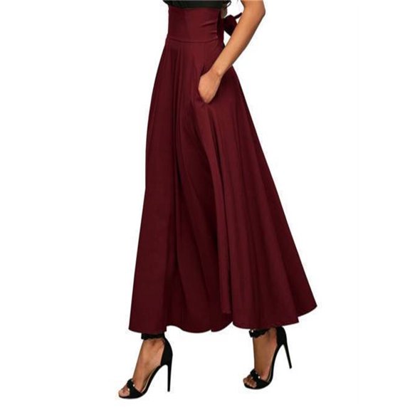 Gureui Women's High Waist Pleated A Line Maxi Skirt Vintage Slit Belted Ankle Length Flared Swing Long Skirt with Pockets Streetwear