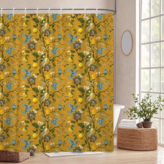 Yellow Floral Bird Shower Curtain 72"x72",Hummingbird Botanical Bathroom Curtains,Vintage Farmhouse Chic French Country Style Bath Curtain Decor