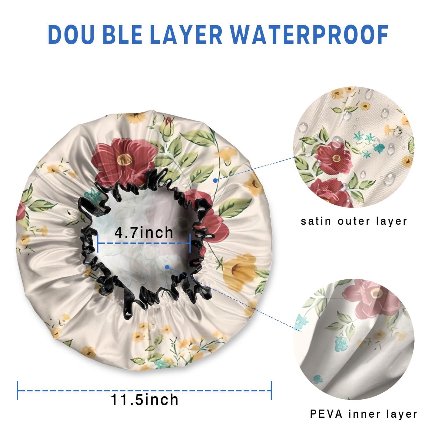 Shower Caps,Pioneer Flower Floral Print Pattern Waterproof Shower Cap for Women 4 Pieces,Double Reusable Hair Cover for Shower PEVA Elastic Stretch Hem