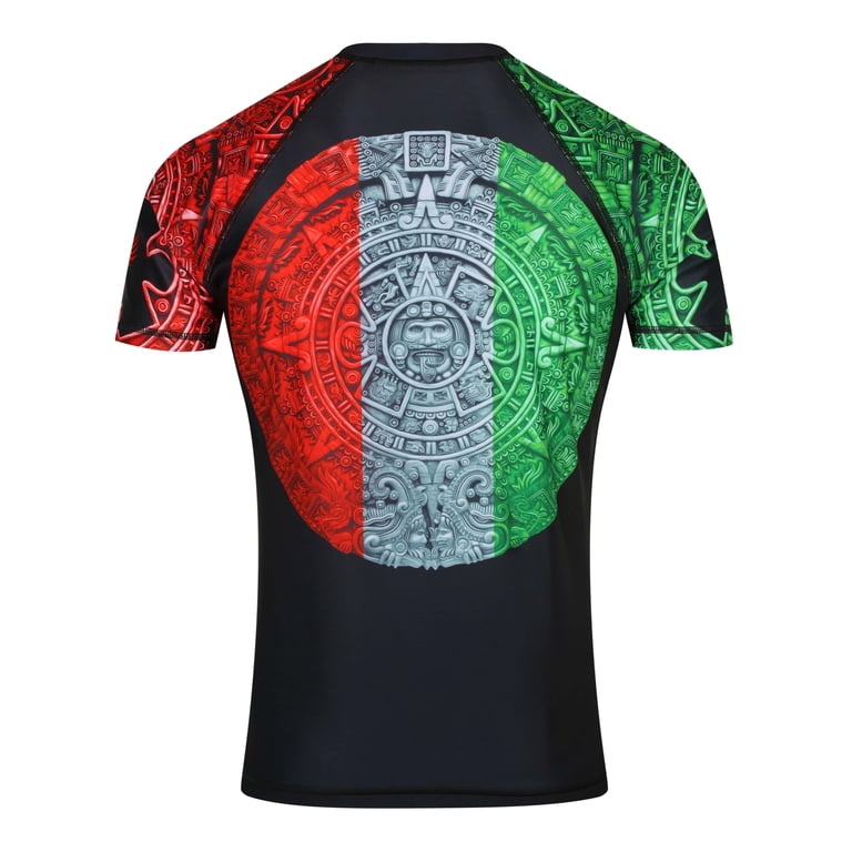 Raven Fightwear Men's Aztec BJJ Rash Guard - Long Sleeve, Moisture Wicking, Sublimated Graphics, Red/White/Green