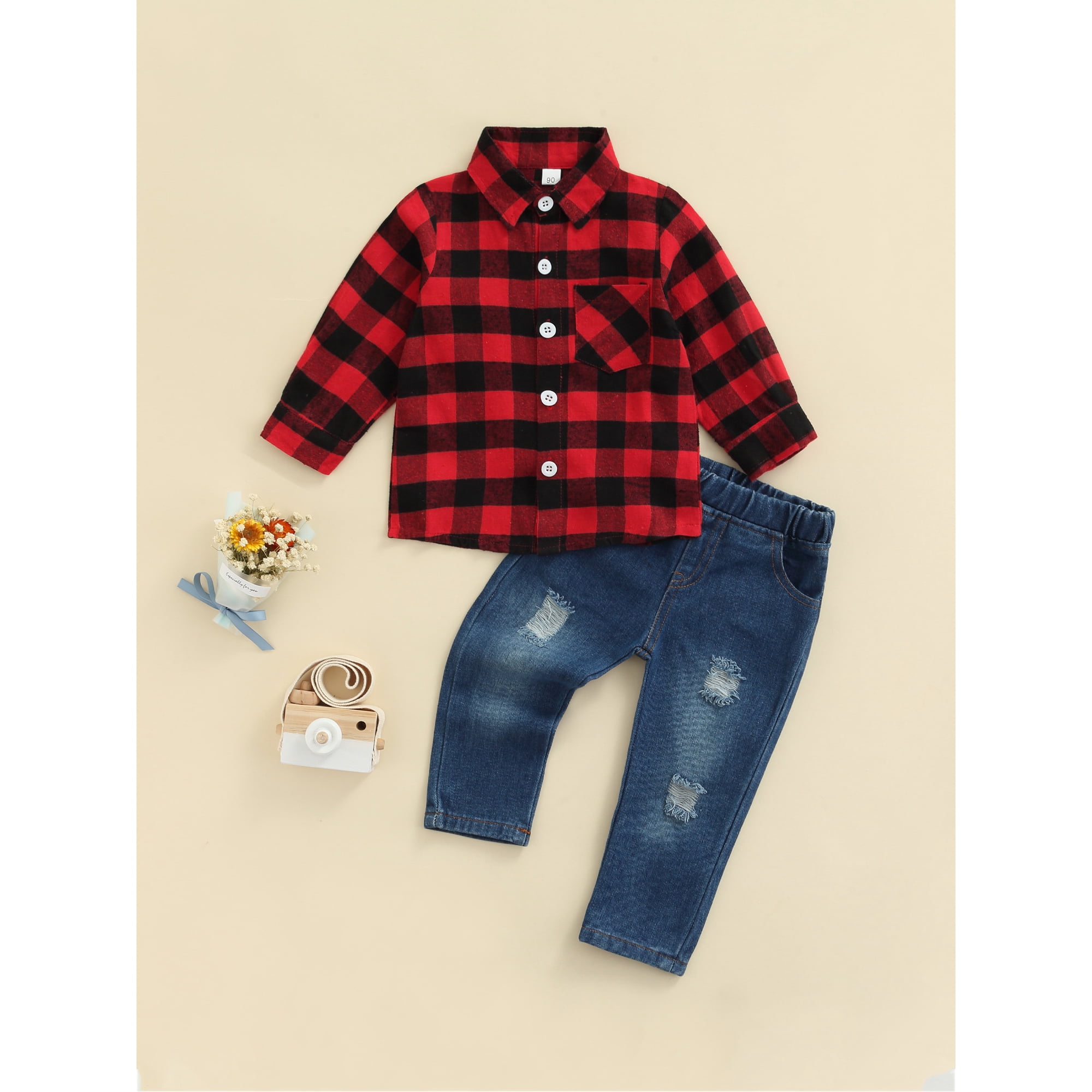 FAROOT Kid Boys Christmas Outfits Long Sleeve Plaid Shirt with Denim Pants Walmart