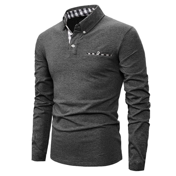 Zylanna Men's Long Sleeve Polo Shirts with Chest Pocket, Turndown Collar Spring Fall Slim Fit Solid Casual Pullover Tops for Man Dark Gray