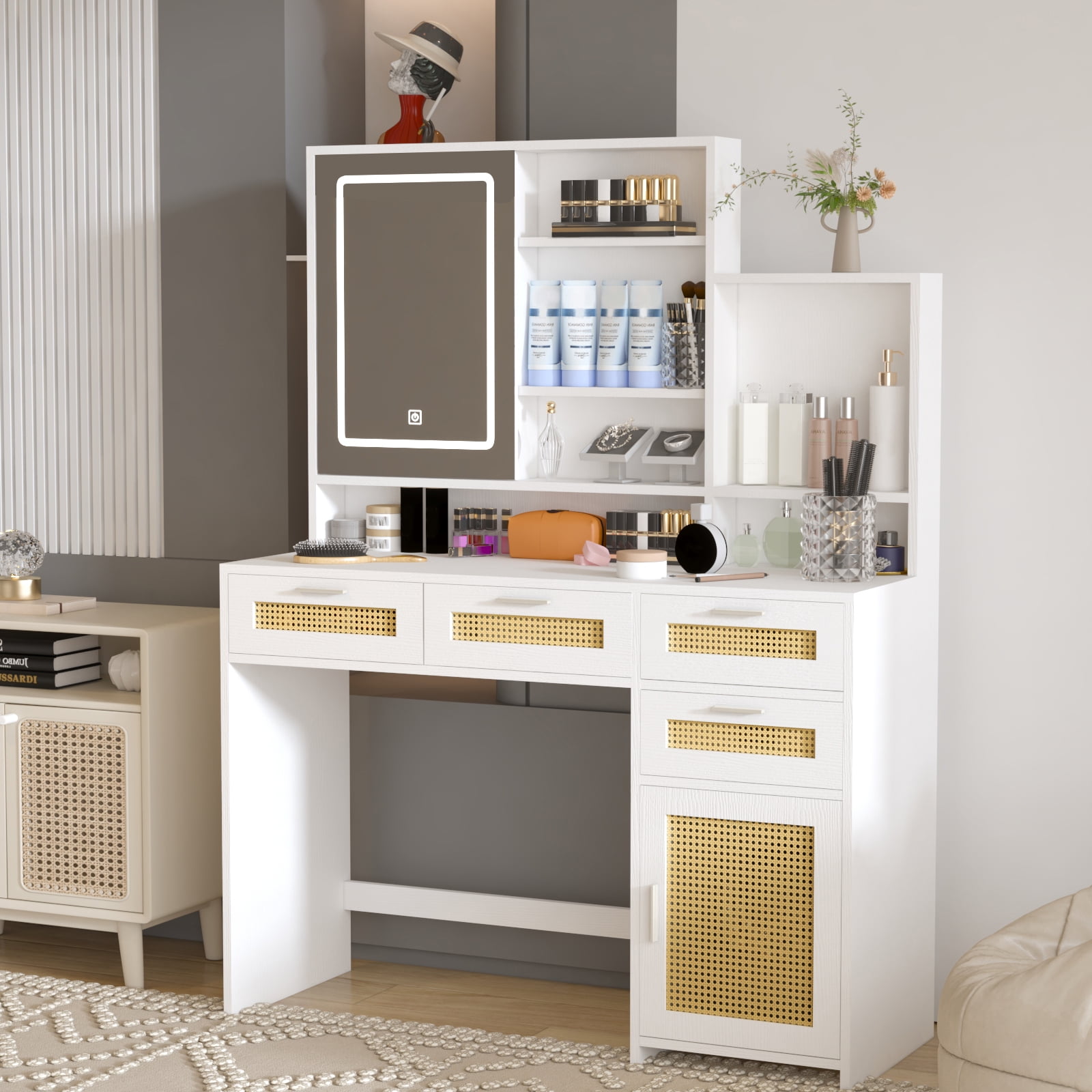 Makeup Vanity with Lights in 3 Colors & Openable Mirror, Vanity Desk with 4 Drawers & 1 Cabinets & Shelves, Vanity Table Rattan Vanity Dresser, for Bedroom, White