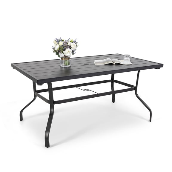 Nuu Garden 61*37" Outdoor Dining Table Patio Iron Slat Rectangle Table for 6-Person with Umbrella Hole, Galvanized Iron Slatted Tabletop Outdoor Dining Table, Black