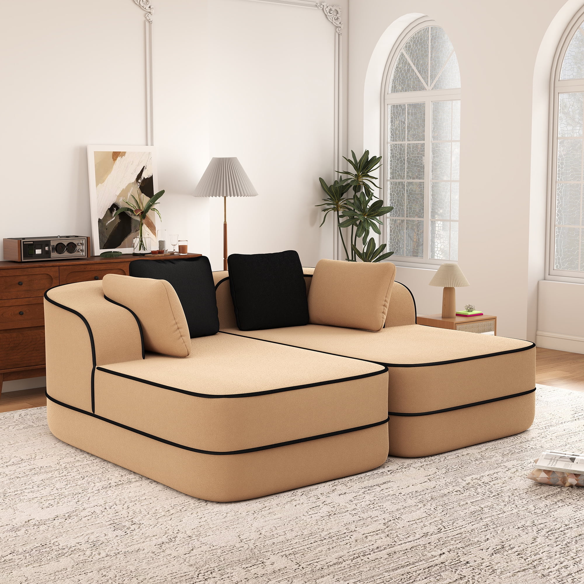 Aukfa 77" Double Chaise Sleeper Sofa, 2-Piece Modular Sectional, Teddy Velvet, Camel