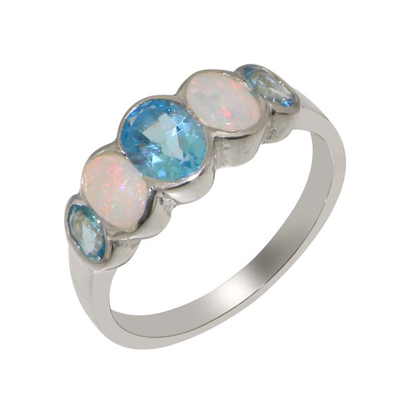 LBG British Made 925 Sterling Silver Natural Blue Topaz & Opal Womens Band Ring - 33 size options - Size 10