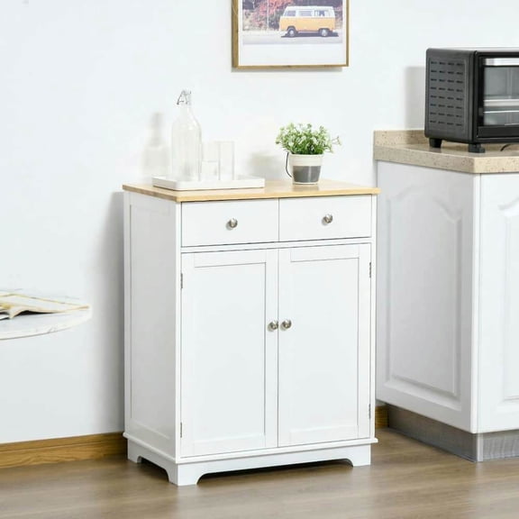 Spaco Kitchen Storage Cabinet with Adjustable Shelf and 2 Drawers, Sideboard Floor Cupboard with Solid Wood Top for Indoor as Living Room, Entryway, White