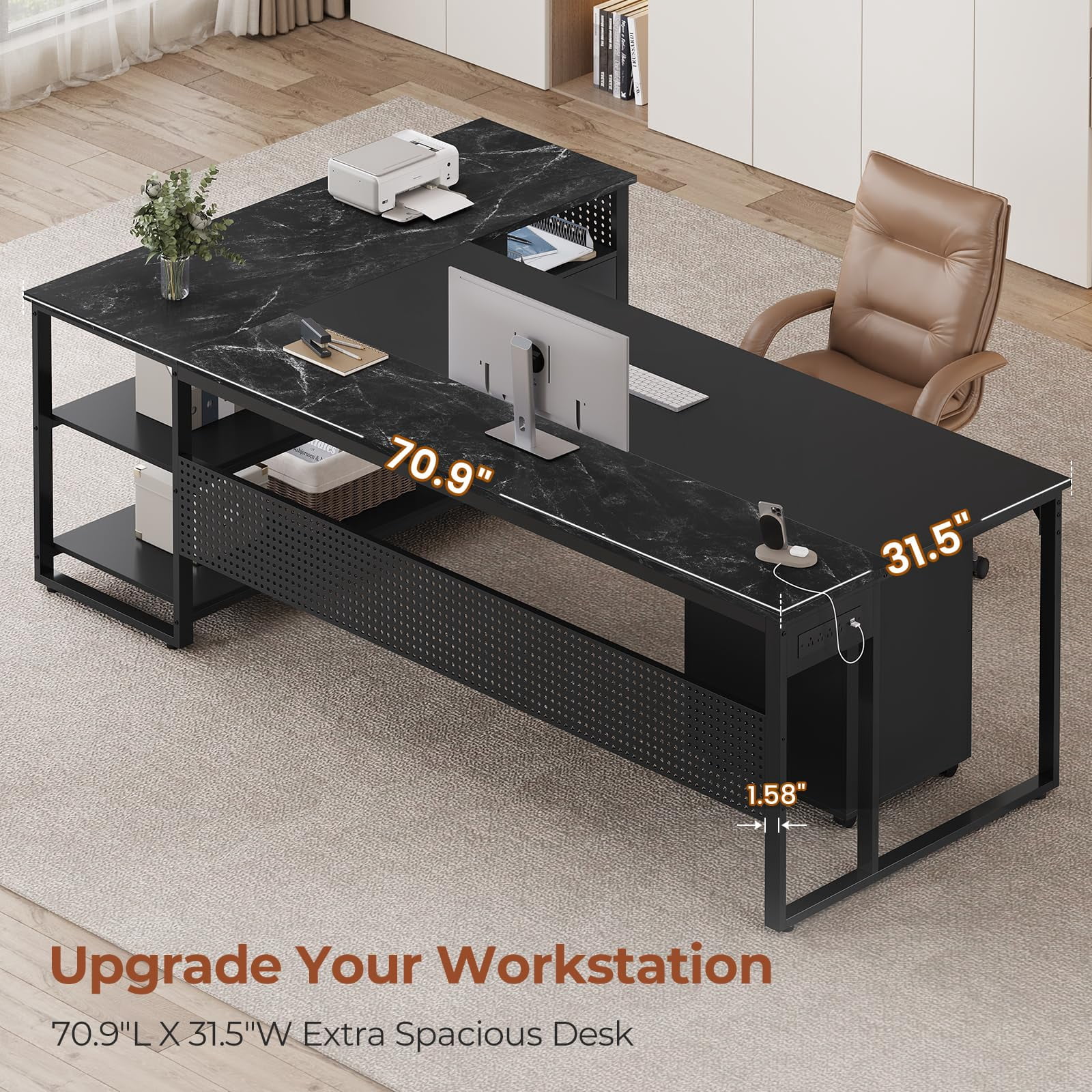 71" Executive Desk with Rolling File Cabinet, L Shaped Reversible Home Office Desk with Power Outlets, Drawers, Shelves, Hooks, Black