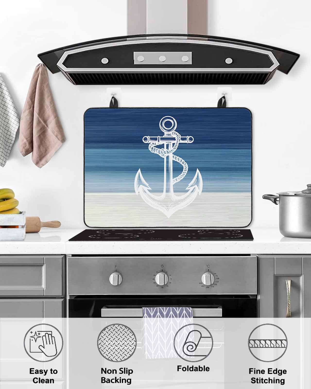 nqOlkjepod Large Induction Cooktop Protector Mat 36"x21", Nautical Anchor Navy Blue Stove Top Covers for Electric Stove, Coastal Ocean Ombre Striped Stove Burner Cover Mats, Glass Top Stove Cover