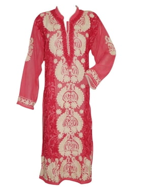 Mogul Indian Long Tunic Red Ethnic Floral Embroidered Georgette Caftan Dress Kurti