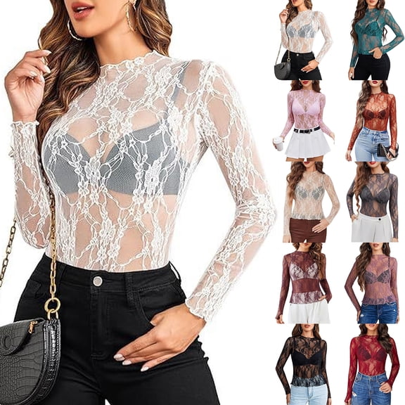 WULMLEO Women's Lace Long Sleeve Tops, Mock Neck Sheer Mesh Top, See Through Floral Lace Tops, Party Club Night Blouse Shirts Beige L