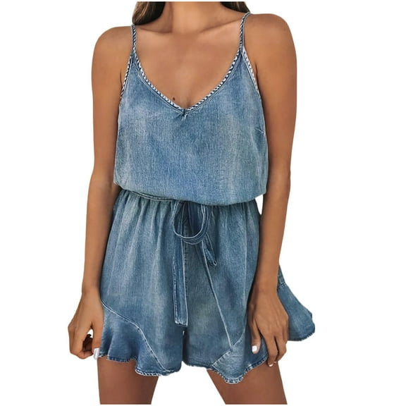 Women's Denim Jean Romper Shorts V Neck Spaghetti Strap Belted Short Jumpsuits Flared Ruffle Shorts (XL, Blue)