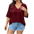 thumbnail image 2 of Yourumao Women's Plus Size Tops Textured Half Sleeve Shirts Oversized V Neck Tshirts Solid Loose Casual Blouses Lounge Weekend Tees with Pocket Wine XXL, 2 of 7