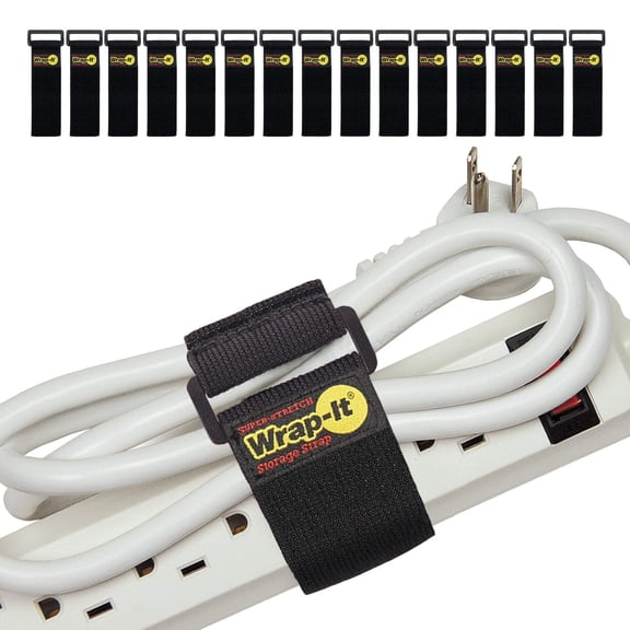 Super-Stretch Wrap-It Storage Straps - 9" (15 Pack) - Elastic Cinch Straps for Extension Cord Management, Cable Storage with Hook and Loop Closure