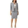 thumbnail image 2 of INSPIRE CHIC Women's 2 Piece Tweed Suit Button Down 3/4 Sleeve Jacket Pencil Skirt Set M Gray Blue, 2 of 6