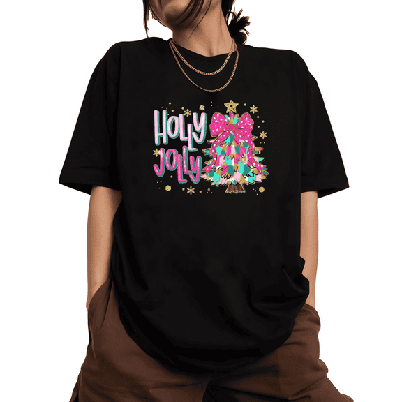 Women's Black Christmas Holly Jolly Graphic Tees Print Tshirt Shirts Festive Holiday Winter Party Casual Colorful Tops S-5XL