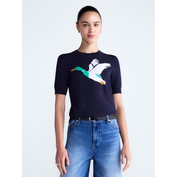 Free Assembly Women's and Women's Plus Crewneck Sweater with Short Puff Sleeves, Sizes XS-4X