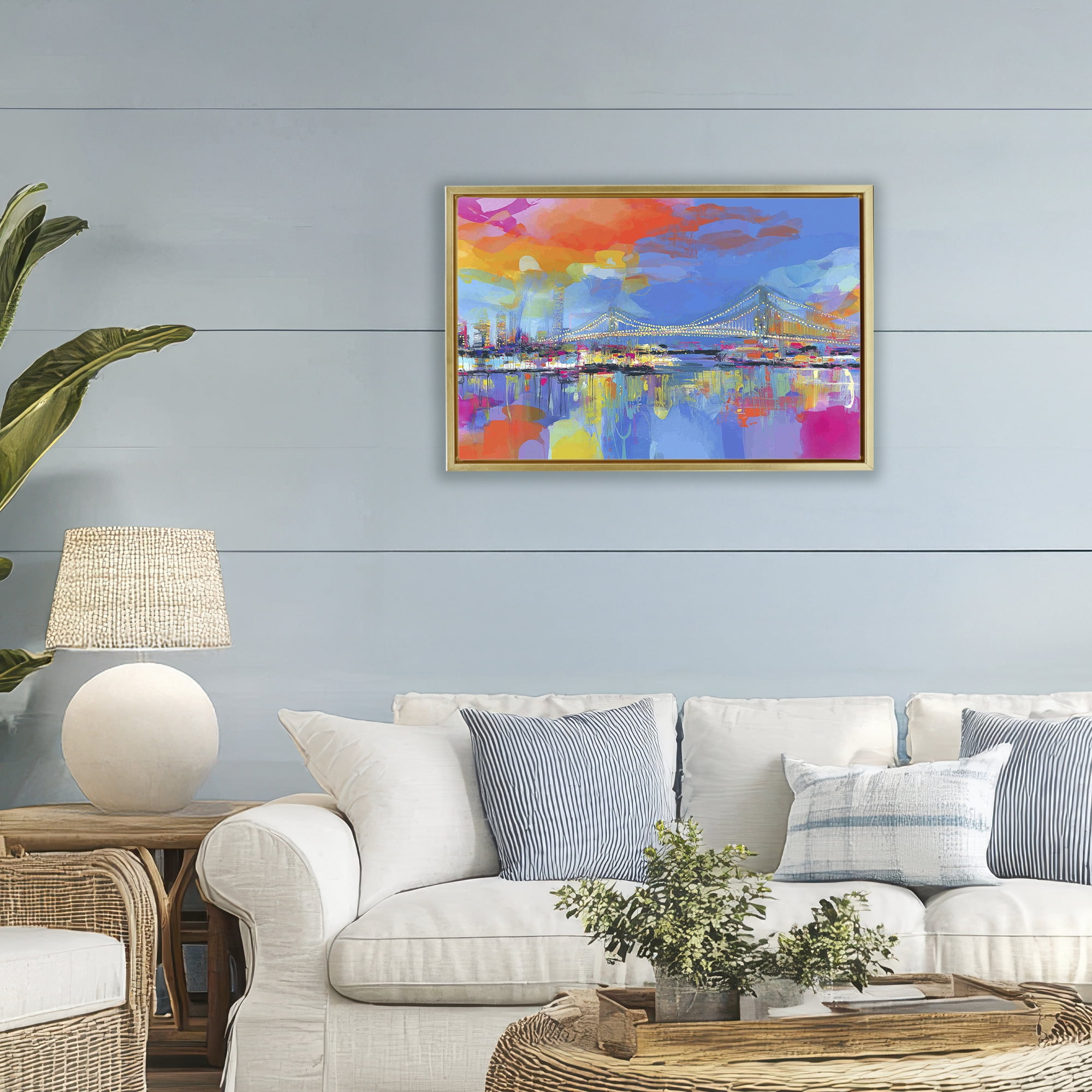 Stupell Industries Bay Bridge Aglow at Sunrise Gold Framed Floater Canvas Wall Art, design by Chromatic Storm Studio
