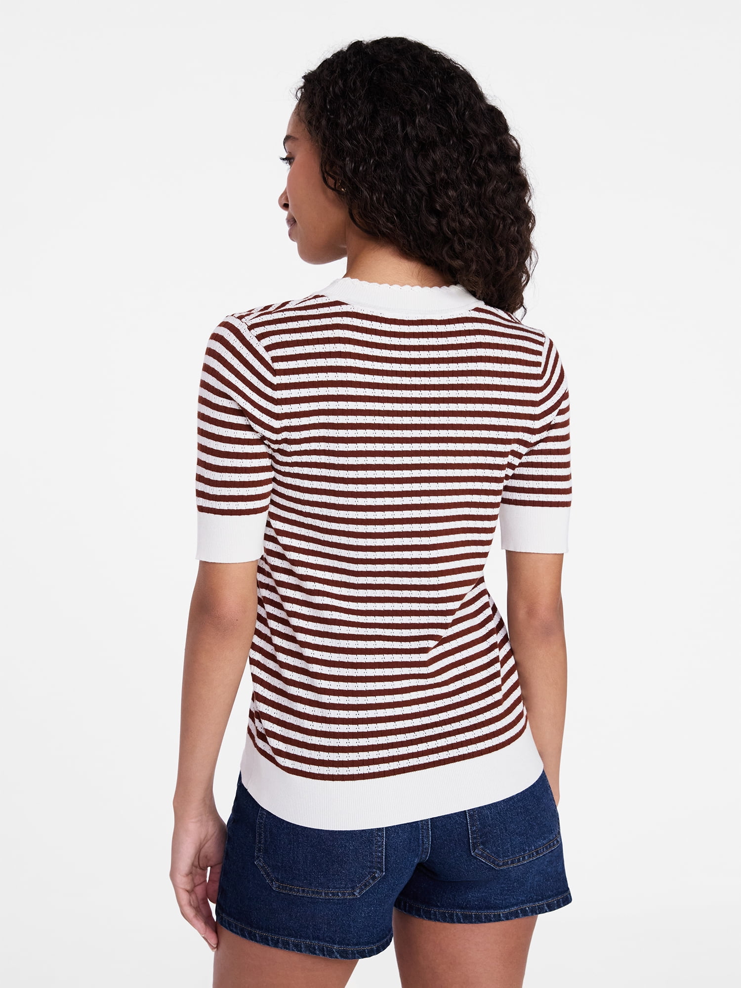Time and Tru Women's Stripe Pointelle Rib Sweater with Short Sleeves, Lightweight, Sizes XS-XXXL