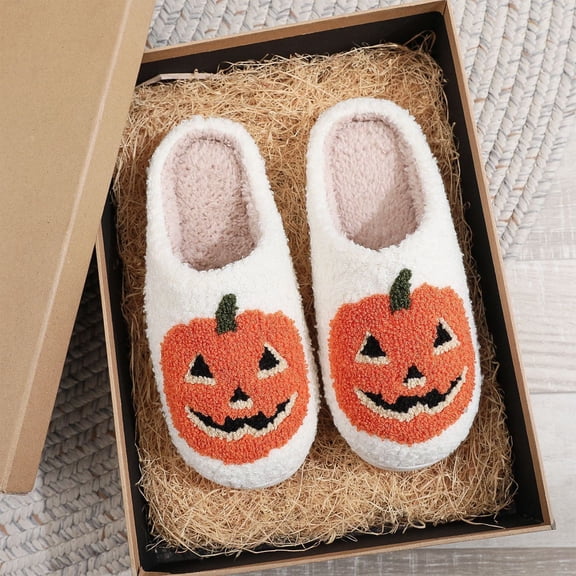 Paaisye Pumpkin Ghost Slippers for Women Men Cute Halloween Christmas Plush House Shoes Soft Memory Foam Anti-Slip Indoor Outdoor Warm Cozy Fuzzy Slipper Gifts,White 42(US-8.5)
