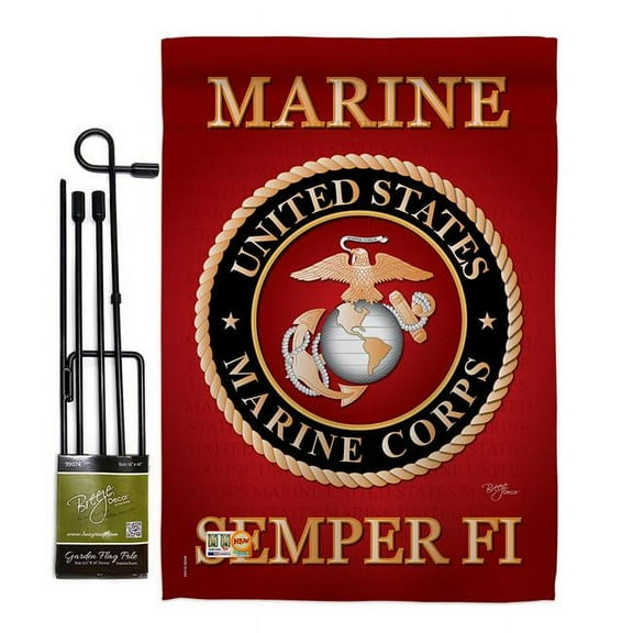 Breeze Decor BD-MI-GS-108057-IP-BO-D-US10-MC 13 x 18.5 in. Marine Corps Americana Military Impressions Decorative Vertical Double Sided Garden Flag Set with Banner Pole