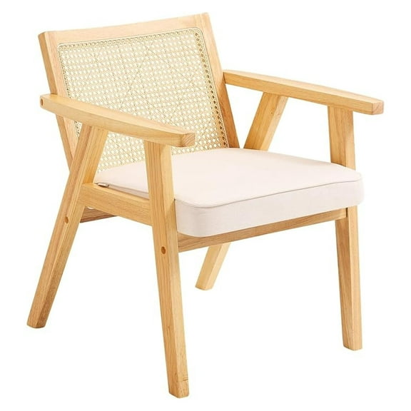 Rattan Accent Chair, Century Modern Living Room Chair Upholstered with Rattan Back, Beige for Bedroom, Office, Reading Nook