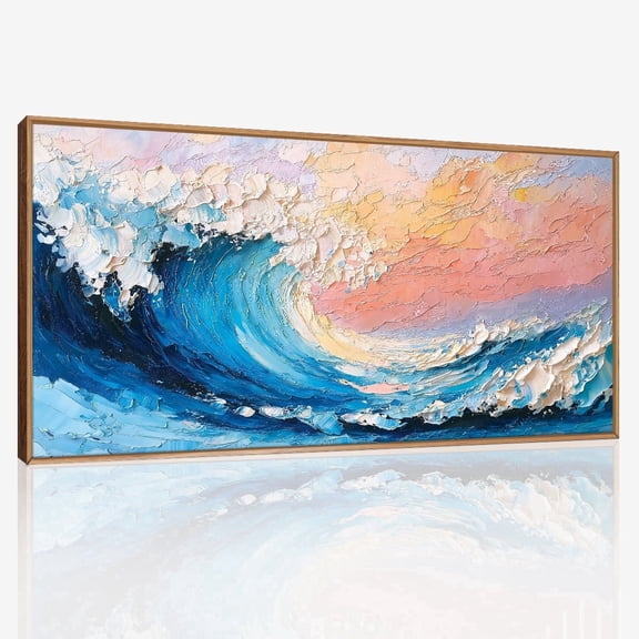 Ocean Wall Art Framed Sea Wave Wall Decor Abstract Coastal Canvas Wall Painting Blue and White Ocean Wall Prints for Living Room Bedroom Office 20X40 In