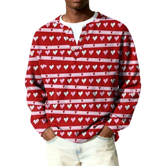 Fgvctg Valentine's Day Men Sweater Ribbed Knit Button Down Henley Collar Sweater Love Heart Print Casual Pullover Slim Fit Long Sleeve Sweaters Oversized Spring Clothes Wine 2XL
