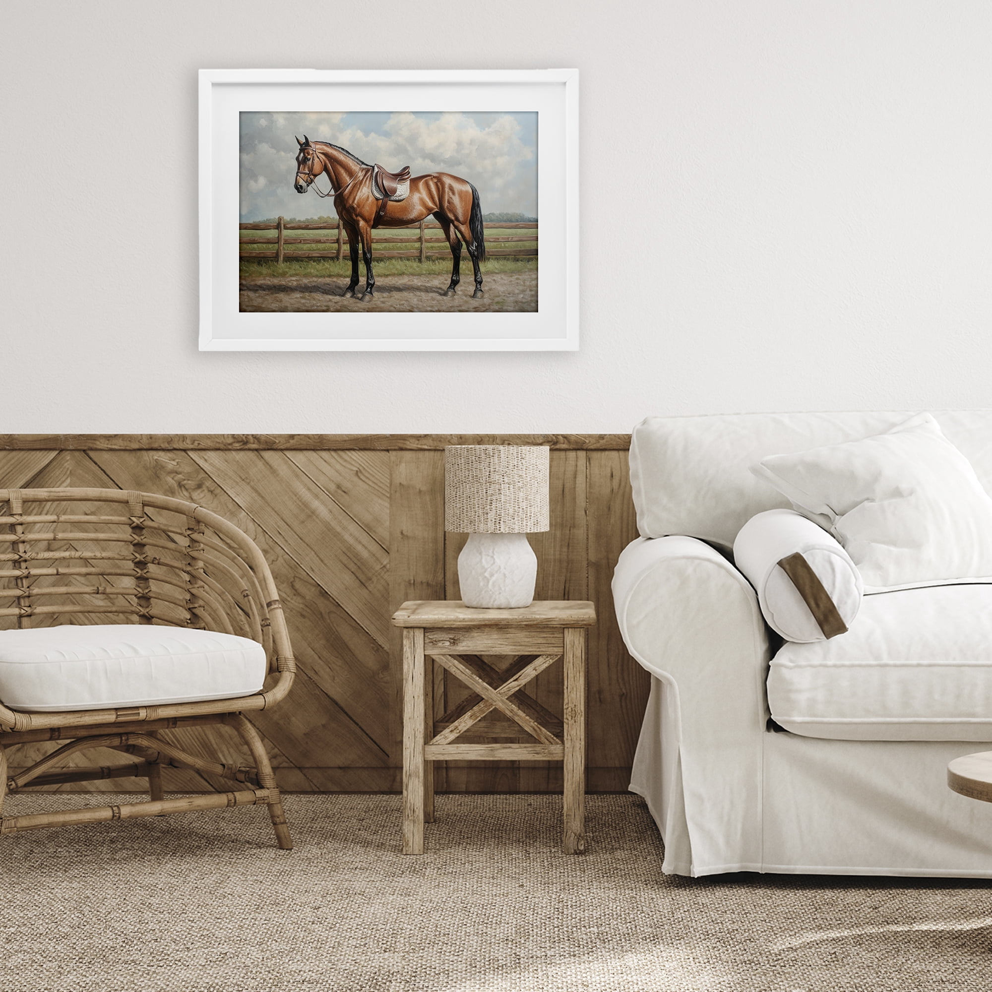 Stupell Industries Sunshine Pony on Farm Path White Framed Print Under Glass, design by Petal Prints Design