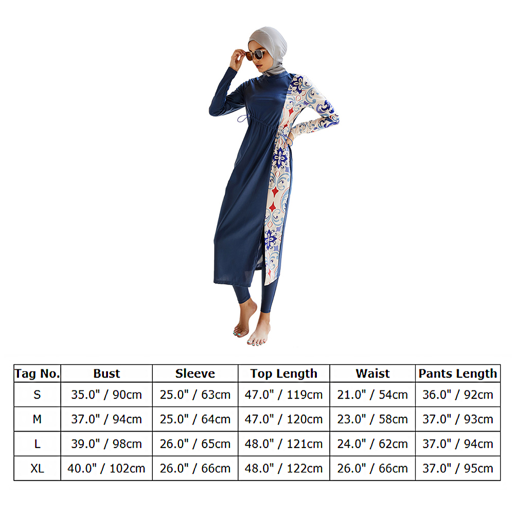 IBTOM CASTLE Muslim Swimsuits for Women Modest Islamic Arabic Swimwear Burkini Full Cover Hijab Top Pants Swimming Cap Bathing Suits XL Dark Blue Floral