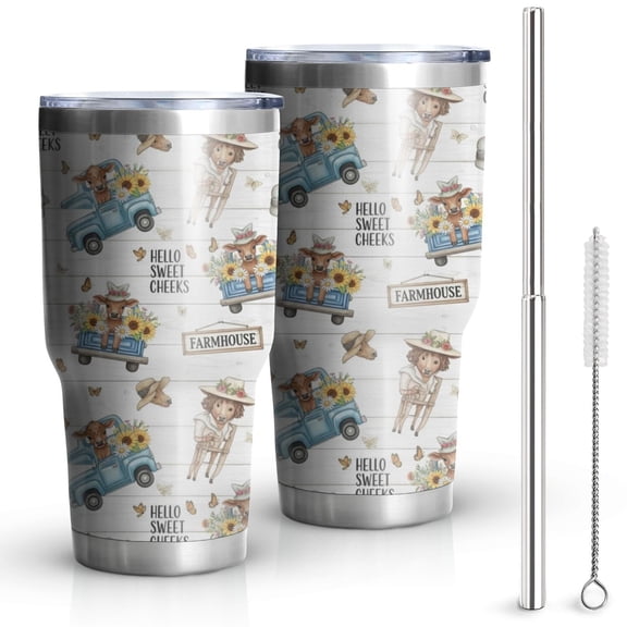 30oz White Highland Cow Blue Truck Pattern Tumblers Stainless Steel Tumbler with Lid and Straw,Vacuum Insulated Double Wall Travel Tumbler Cups Mug with Cleaning Brush for Coffee,Tea